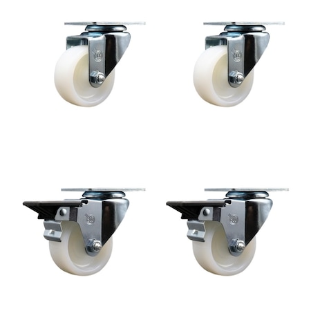 Service Caster 3'' Nylon Wheel Swivel Top Plate Caster Set with 2 Posi Brakes, 4PK SCC-20S314-NYS-2-PLB-2